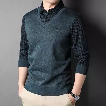 Весна и осень, новая мужская футболка с воротником рубашки, искусственная двухсекционная мужская футболка для молодежи и среднего возраста, модный корейский стиль, полосатый базовый топ для мужчин M