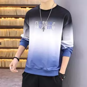 Весна и осень, новая мужская футболка с длинными рукавами, модная, градиентно-зеленая, с круглым вырезом, осенняя одежда, осенний свитер, толстовка, мужская нижняя рубашка M