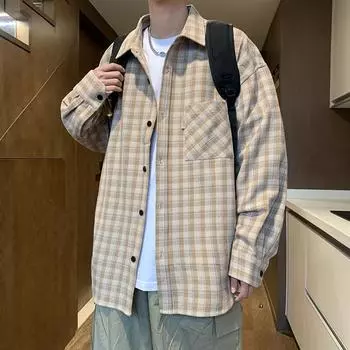 Весна и осень, новая мужская хлопковая свободная универсальная клетчатая рубашка с длинными рукавами M бежевый