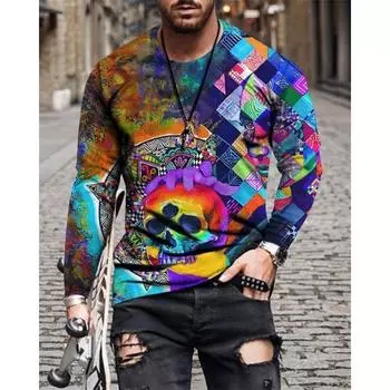 Весна и осень, новая мужская клетчатая цветочная футболка с 3D-цифровым принтом, длинным рукавом, круглым вырезом, минималистичная повседневная футболка S