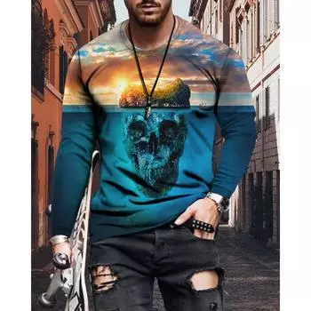 Весна и осень, новая мужская клетчатая цветочная футболка с 3D-цифровым принтом, длинным рукавом, круглым вырезом, минималистичная повседневная футболка S