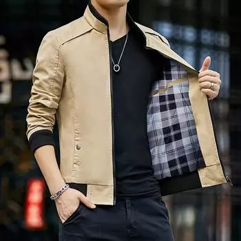 Весна и осень Новая мужская куртка из стираного хлопка с воротником-стойкой Молодежная куртка Мужская ветровка Повседневная куртка Мужская одежда M