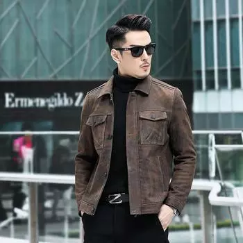 Весна и осень Новая мужская куртка из натуральной кожи Мужская куртка из овчины с матовым покрытием Корейская мотоциклетная куртка Молодежная L