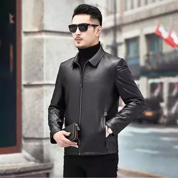 Весна и осень Новая мужская куртка из натуральной овчины, мотоциклетная куртка с отворотом, тонкая, приталенная, деловая куртка L