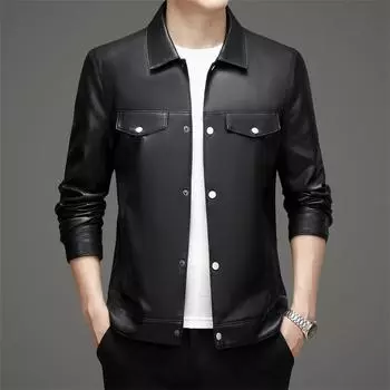 Весна и осень Новая мужская куртка из искусственной кожи Тонкая куртка из натуральной кожи Плюс утолщенный бархат Высококачественная модная повседневная классическая куртка M
