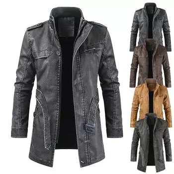 Весна и осень, новая мужская повседневная кожаная куртка с воротником-стойкой на молнии, мужское модное пальто на ремне L коричневый
