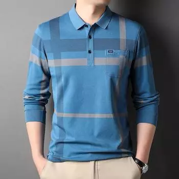 Весна и осень, новая мужская повседневная рубашка поло с длинным рукавом и лацканами, мужская футболка из стираного хлопка с настоящим карманом M