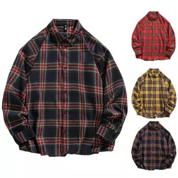 Весна и осень, новая мужская повседневная шерстяная клетчатая рубашка с длинными рукавами, свободная рубашка для пары XL чёрный