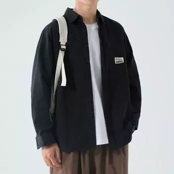 Весна и осень Новая мужская повседневная свободная хлопковая рубашка с длинным рукавом M чёрный