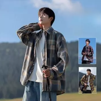 Весна и осень Новая мужская ретро свободная клетчатая рубашка с длинным рукавом S серый