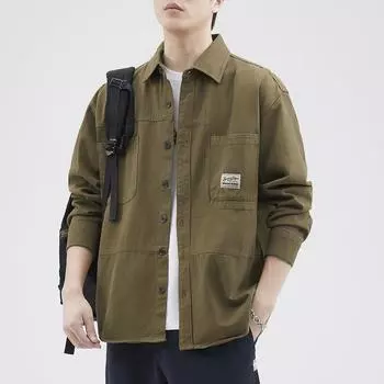 Весна и осень Новая мужская ретро свободная рубашка куртка M темно-зеленого