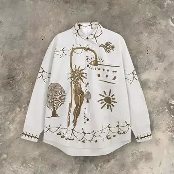 Весна и осень Новая мужская рубашка с длинным рукавом в стиле майя с принтом фрески M белый