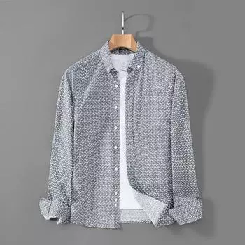 Весна и осень, новая мужская рубашка с длинным рукавом, облегающая, из чистого хлопка, не требующая глажки, с принтом, универсальная повседневная рубашка в дюймовом размере S жёлтый