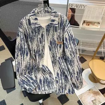 Весна и осень Новая мужская свободная повседневная рубашка с длинным рукавом в стиле тай-дай M чёрный