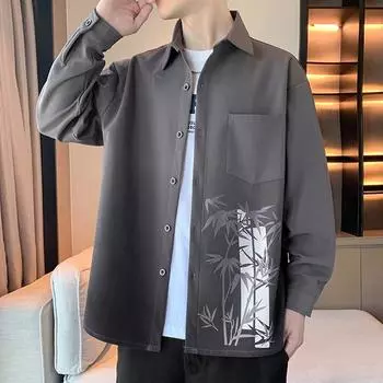 Весна и осень, новая мужская универсальная повседневная рубашка в китайском стиле с длинными рукавами и градиентным принтом M белый