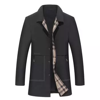 Весна и осень, новая мужская ветровка со средними и длинными лацканами, деловая повседневная универсальная однотонная ветровка на пуговицах, мужская куртка 170 чёрный