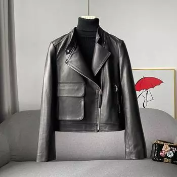 Весна и осень Новая натуральная кожаная куртка женская короткая овчина женская облегающая мотоциклетная кожаная куртка с V-образным вырезом M