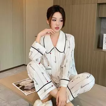 Весна и осень Новая пижама с полосатым принтом и длинными рукавами, комплект одежды для сна, атласная свободная повседневная домашняя одежда, одежда для сна M белый