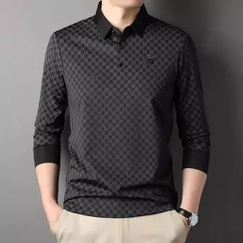 Весна и осень Новая повседневная эластичная тонкая футболка с длинными рукавами и лацканами, поло-рубашка для мужчин среднего возраста, футболка-рубашка для мужчин M