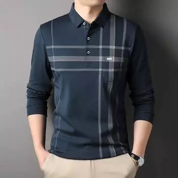 Весна и осень Новая простая повседневная мужская рубашка поло с длинными рукавами Клетчатая футболка с длинными рукавами Мужская майка M