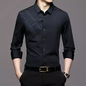 Весна и осень Новая рубашка с длинным рукавом для мужчин среднего возраста Повседневная мода с принтом на лацканах Тонкая мужская рубашка Мужская одежда M