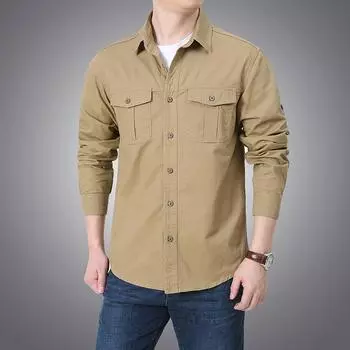 Весна и осень, новая рубашка с длинными рукавами, хлопковая многокарманная военная рабочая одежда, большой размер, мужская повседневная рубашка, тонкая куртка S