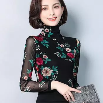 Весна и осень Новая сетчатая верхняя водолазка нижняя рубашка женская тонкая пряжа большого размера универсальная футболка с длинным рукавом M