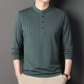 Весна и осень Новая вертикальная полосатая футболка с длинным рукавом Молодежная мужская рубашка Повседневная мужская рубашка M