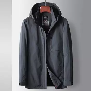 Весна и осень, новая ветрозащитная куртка для мужчин среднего и молодого возраста в деловом стиле с капюшоном и застежкой-молнией 170 серый