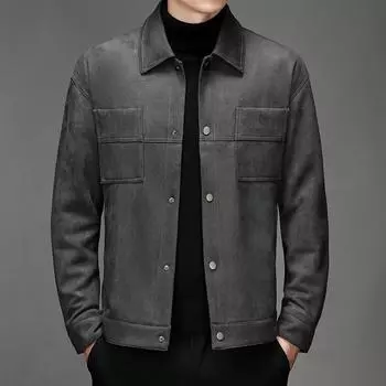 Весна и осень Новая замшевая куртка с лацканами, короткая молодежная повседневная однотонная куртка 170 чёрный