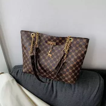 Весна и осень Новая женская большая сумка-тоут в стиле ретро, большая вместительная сумка через плечо с цепочкой, повседневные универсальные женские сумки для подруги чёрный