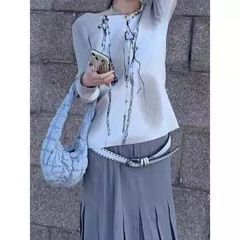 Весна и осень, новая женская футболка с открытыми плечами и длинными рукавами Pure Desire Style Spicy Girl, облегающий крой и универсальный дизайн, нижняя часть рубашки Sense, верхняя часть S серый/белый