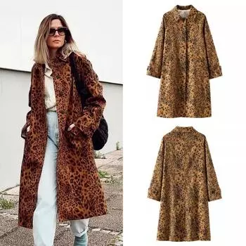 Весна и осень Новая женская мода леопардовый принт пальто длинные рукава скрытые пряжки лацканы пальто карман винтажная уличная ветровка XS