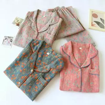 Весна и осень Новая женская пижама с длинным рукавом и длинными штанами Комплект из двух предметов 100% хлопок Повседневный комплект домашней одежды с большим принтом M