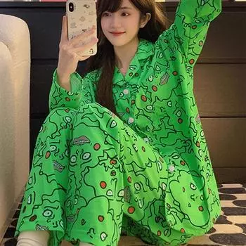Весна и осень Новая женская японская пижама с ямочками Домашняя одежда Костюм Женский осенний костюм с длинными рукавами Причудливая домашняя одежда M