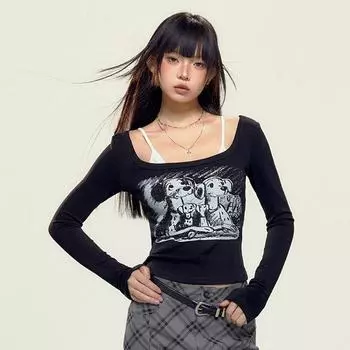 Весна и осень, новинка, Pure Desire Style Spicy Girl, короткая футболка с длинным рукавом для женщин, тонкий и универсальный дизайн, поддельный топ из двух частей Sense S чёрный