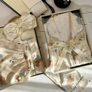 Весна и осень, новинка, женская корейская пижама из ледяного шелка, домашняя одежда, костюм для девочек с длинными рукавами, милая пижама с медведем в горошек, домашняя одежда M