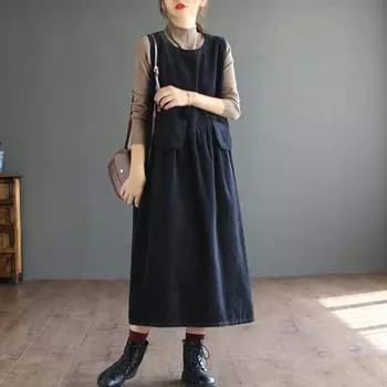 Весна и осень Новое хлопковое вельветовое платье средней и длинной длины женское ретро литературное платье большого размера без рукавов с карманами и юбкой M хаки
