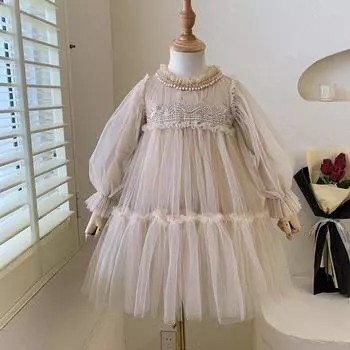 Весна и осень Новое кружевное платье принцессы для девочек 90cm розовый