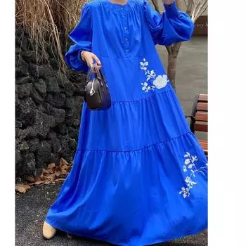 Весна и осень Новое платье с этнической вышивкой Женские свободные платья А-силуэта One size белый