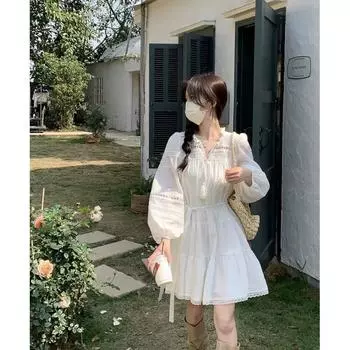 Весна и осень Новое платье в этническом стиле с открытыми плечами и французским лоскутным узором Осенняя свободная юбка в стиле бохо S