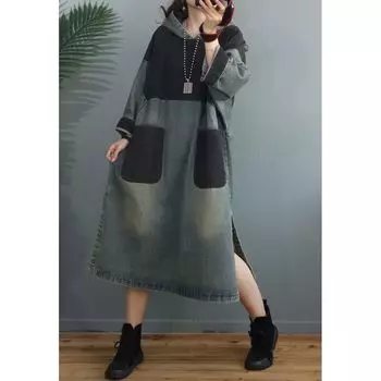 Весна и осень новое ретро контрастного цвета джинсовое платье средней и длинной длины с капюшоном для женщин, старая свободная юбка с разрезами по краям M.95-65 kg синий