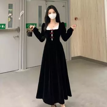 Весна и осень Новое женское платье с длинным рукавом, квадратным воротником, винтажным бантом, кружевом, черно-белой строчкой S чёрный