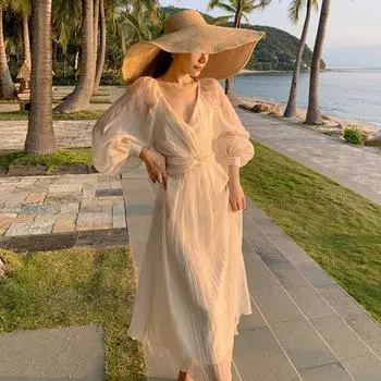 Весна и осень Новое женское ретро платье с рукавами-фонариками и V-образным вырезом с длинным рукавом для отдыха на пляже S абрикосовый