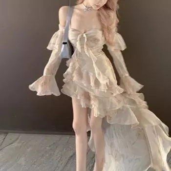 Весна и осень Новое женское сексуальное платье с оборками и длинными рукавами, нестандартной формы S абрикосовый света