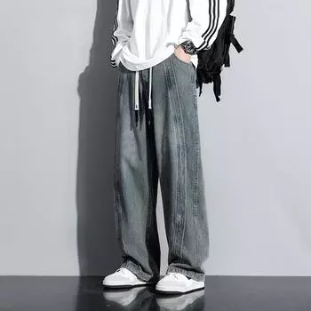 Весна и осень Новые американские винтажные джинсы мужские свободные повседневные брюки больших размеров с широкими штанинами M серый