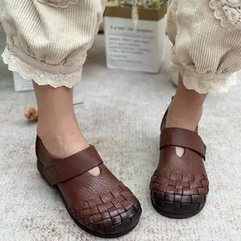 Весна и осень новые этнические ретро-туфли ручной работы с мягкой подошвой женские туфли на плоской подошве повседневные туфли для мам с неглубоким горлом женские 35 чёрный