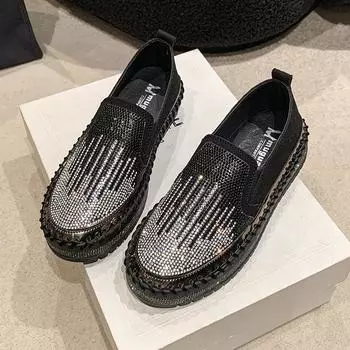 Весна и осень, новые большие размеры, повседневные туфли со стразами, ленивые туфли с одной педалью, женские дышащие спортивные туфли на толстой подошве, женские одинарные туфли на плоской подошве 35 чёрный
