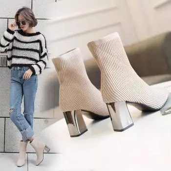 Весна и осень Новые ботинки Martin Женские модные повседневные ботинки Шерстяные короткие ботинки Ботильоны на высоком каблуке Большие размеры 34 чёрный