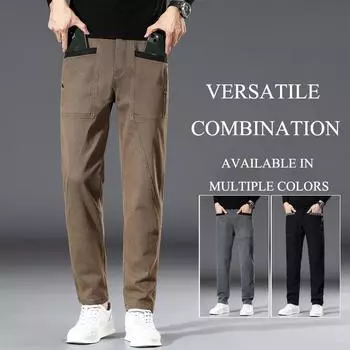 Весна и осень Новые четыре кармана эластичный пояс мужские повседневные брюки универсальные модные прямые брюки-труба трендовые большие карманы свободные брюки 28 чёрный